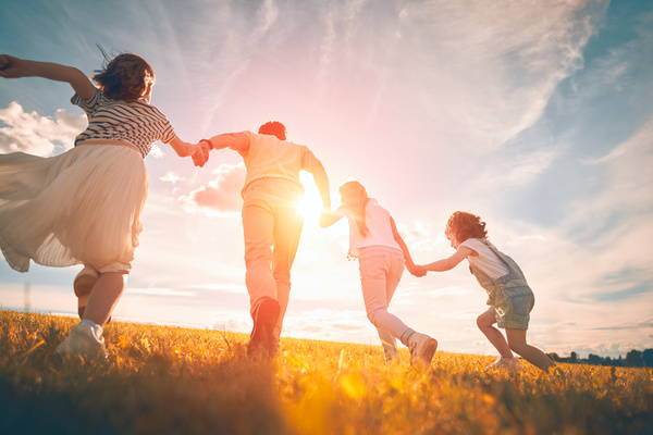 Family holding hands in field at sunset